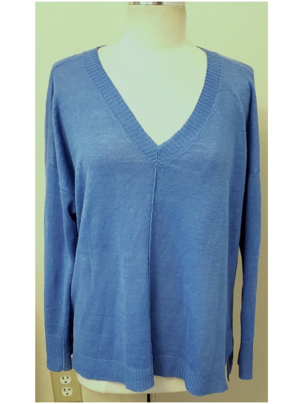 EILEEN FISHER 100% Linen V-Neck Long Sleeve Top Size L Blue
